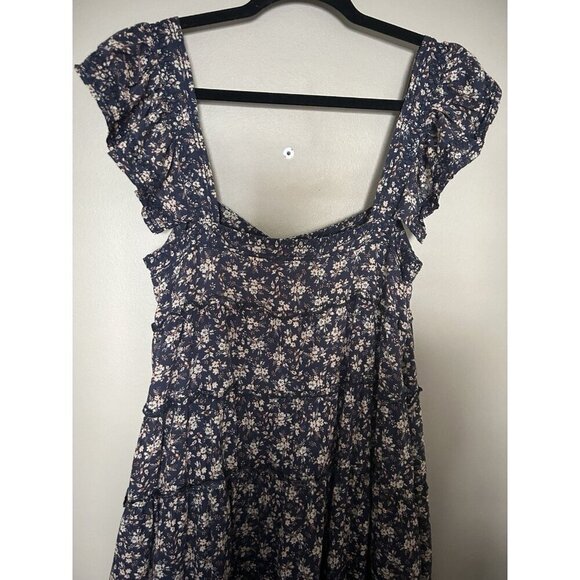 Navy Floral Tiered Ruffle Flower Flutter Sleeve Wedding Guest Short Dress Large - Picture 6 of 7